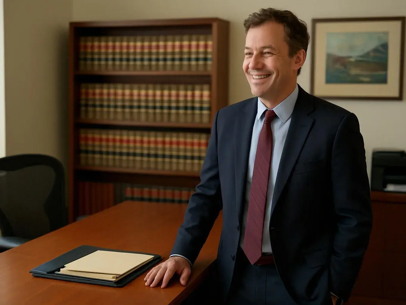 A smiling man in a suit stands beside a conference table in a tidy office with law books and framed art
