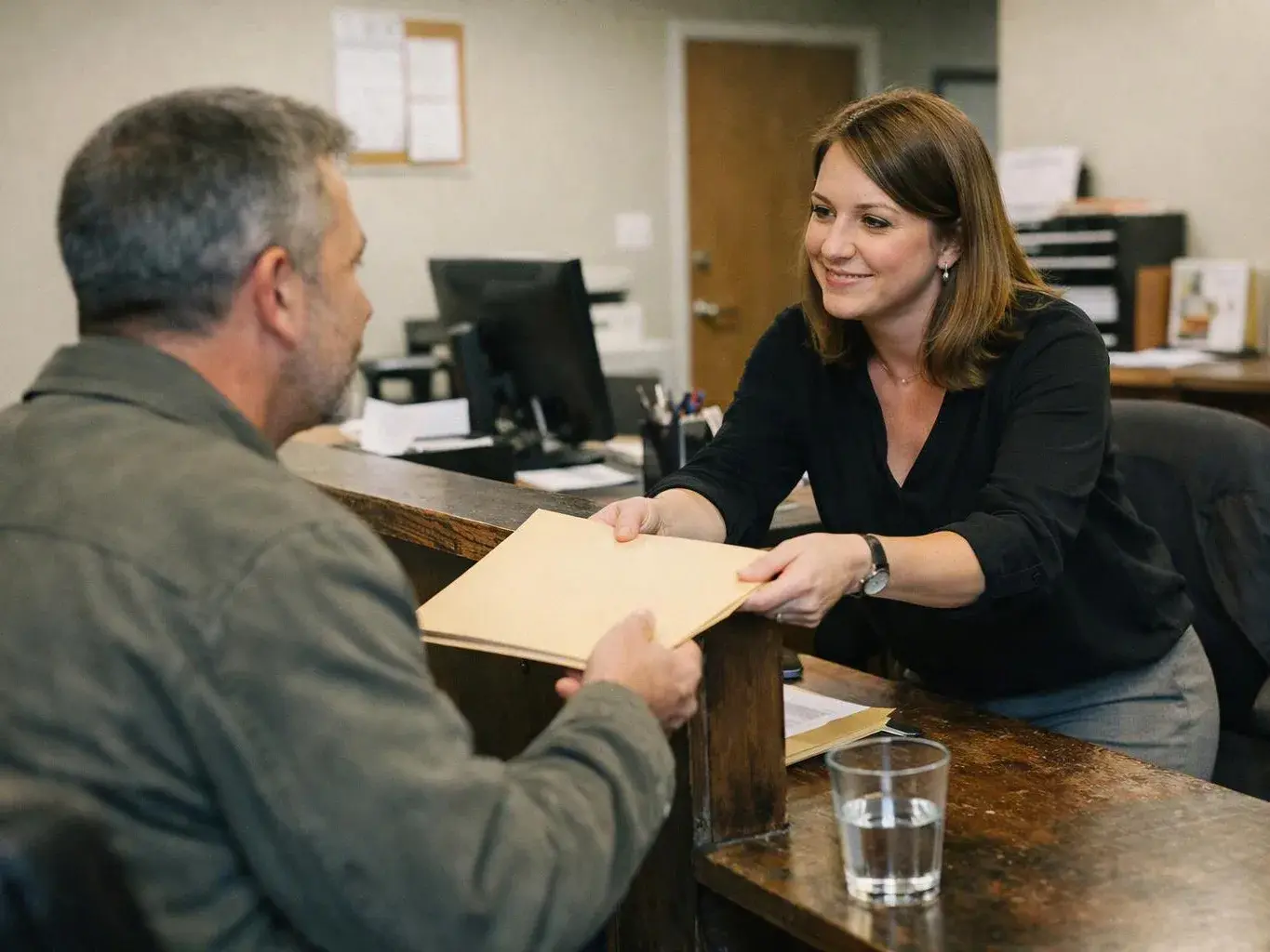 A smiling woman hands a man a folder across a reception desk in an office
