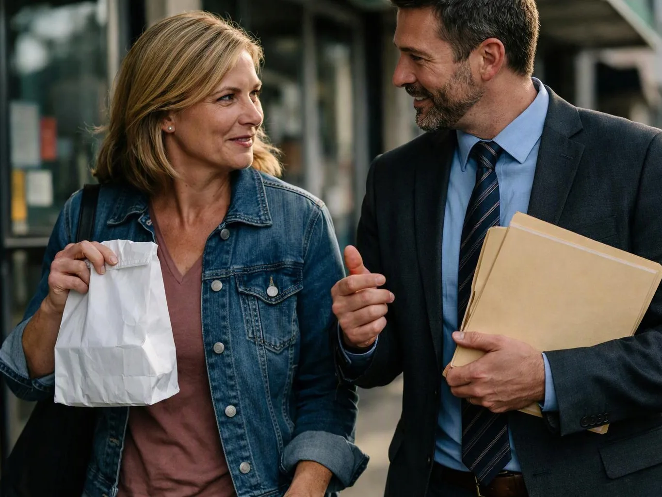 A smiling woman with a paper bag and a suited man with folders talk on a city sidewalk