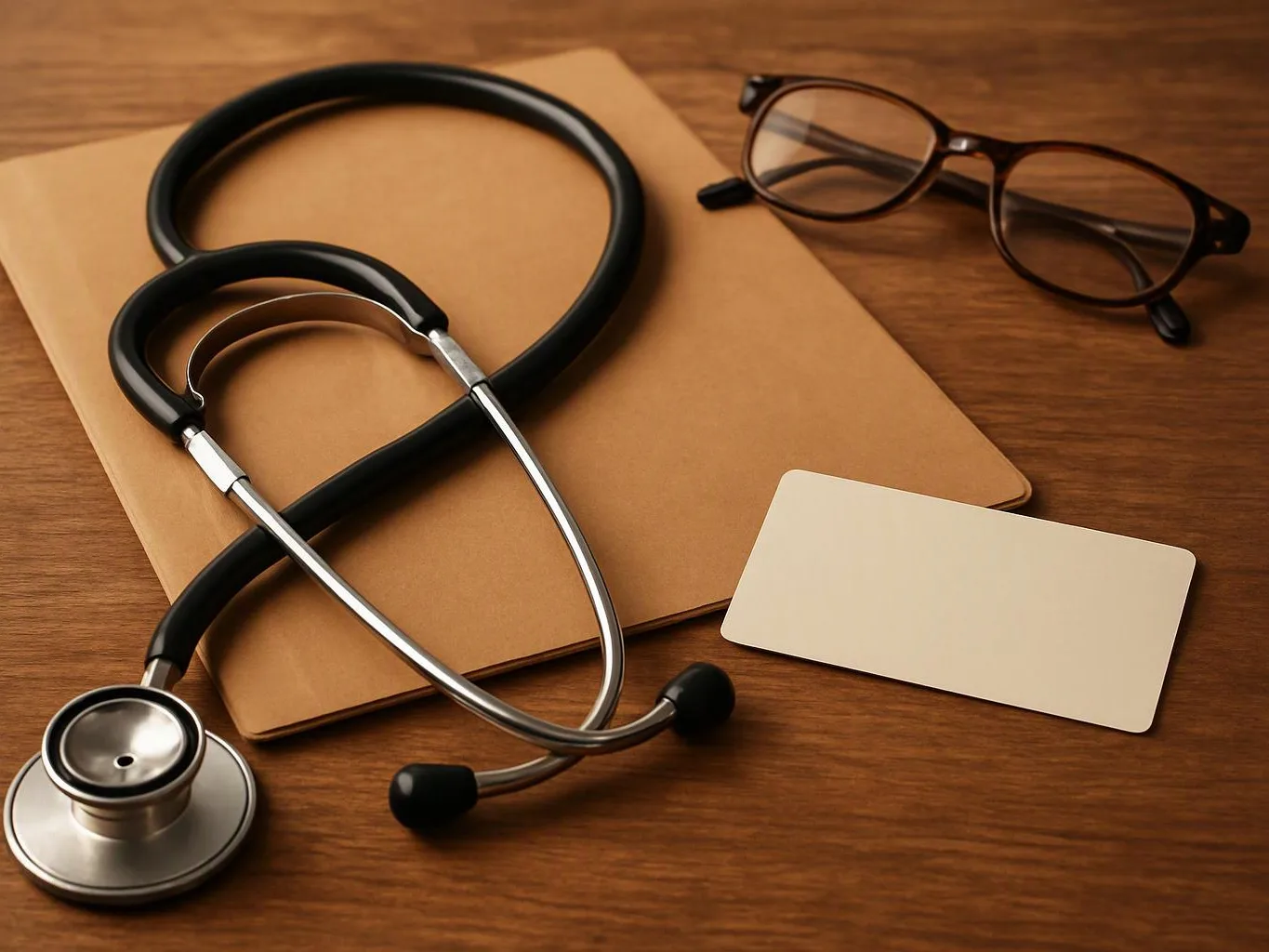 A stethoscope lies on a tan folder beside eyeglasses and a blank card on a wooden desk