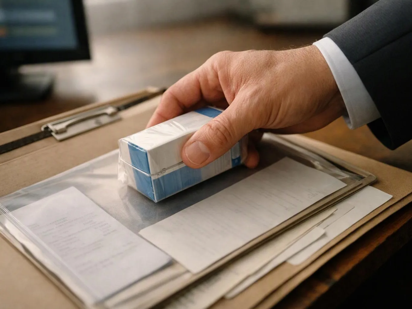 A suited hand places a small blue-and-white box on a clipboard covered with papers