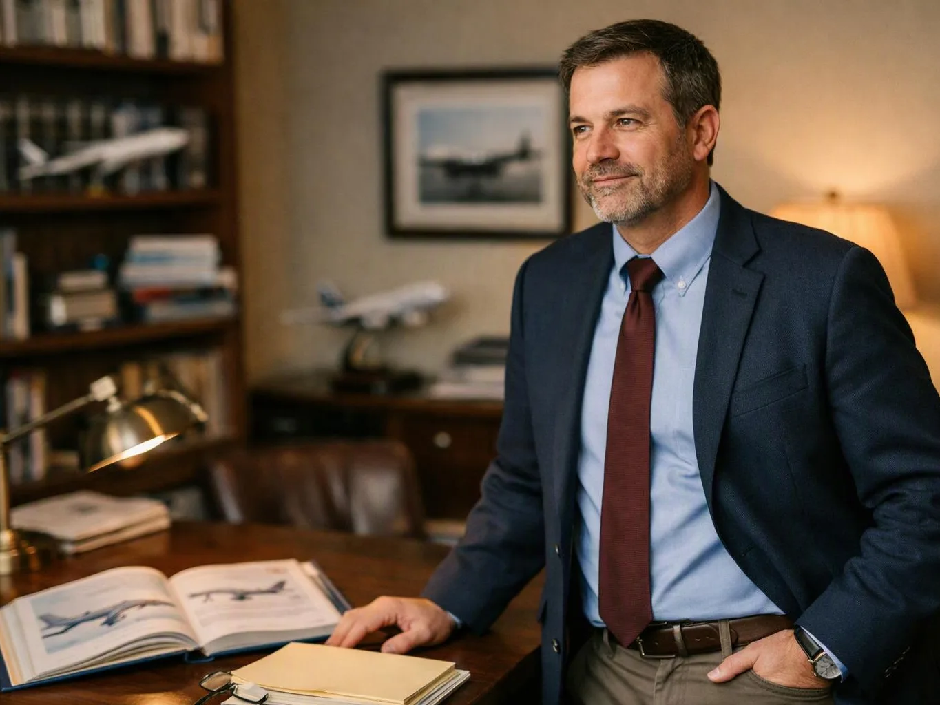 A suited man stands by a desk in a warm office, with an open book, lamp, and airplane model behind him