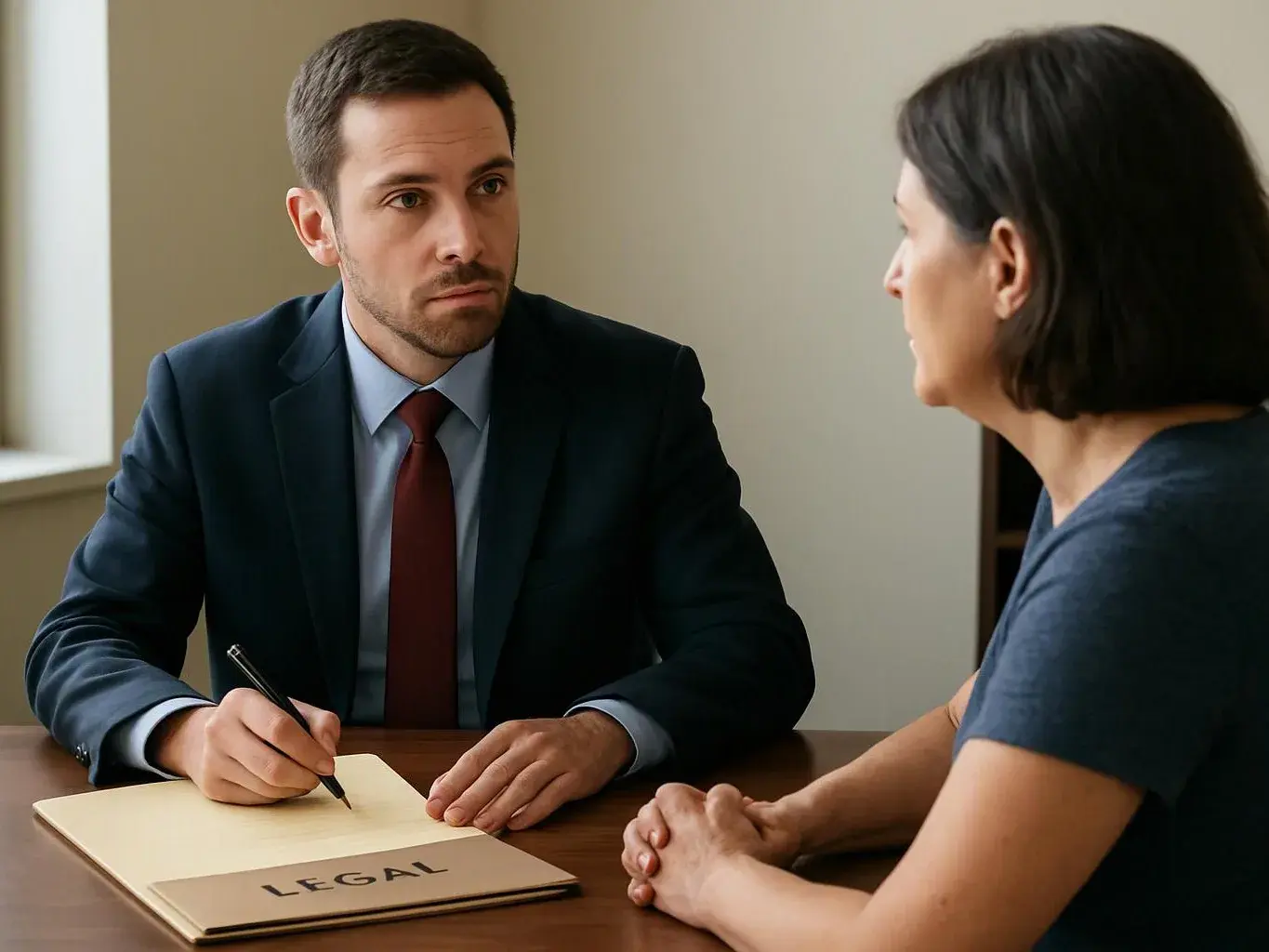 A suited man writes on a legal pad while talking across a table with a woman indoors