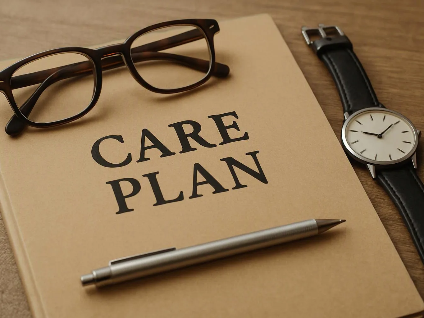 A tan notebook labeled CARE PLAN sits on a wooden table with glasses, a pen, and a wristwatch