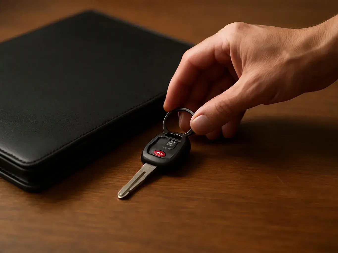 A hand places a car key beside a black case on a wooden table