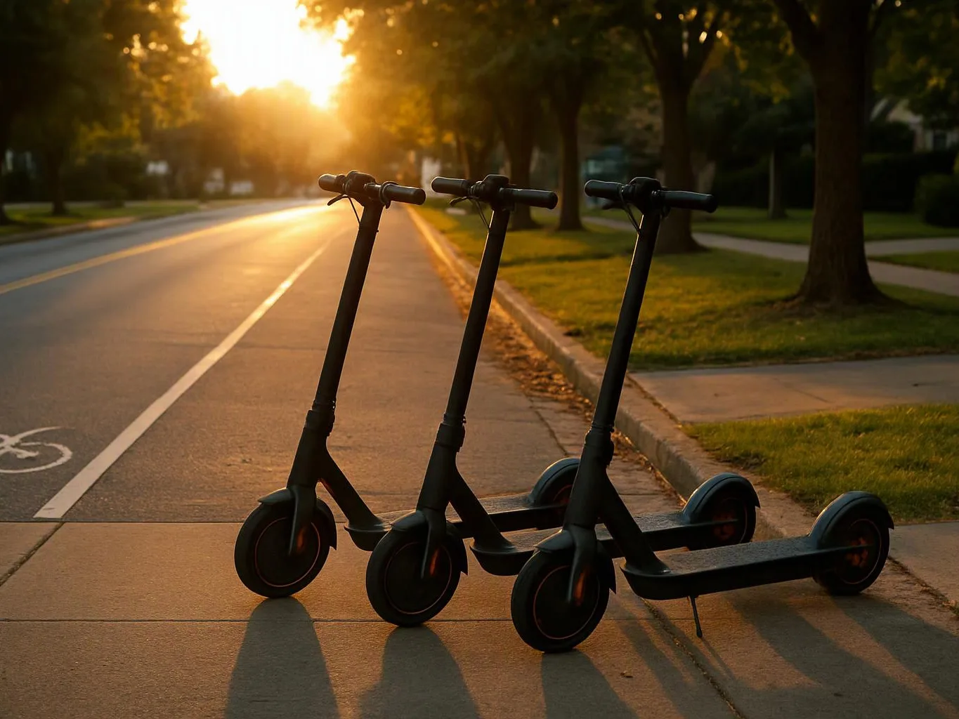 Three black electric scooters stand on a sunlit sidewalk beside a quiet tree-lined street at sunset