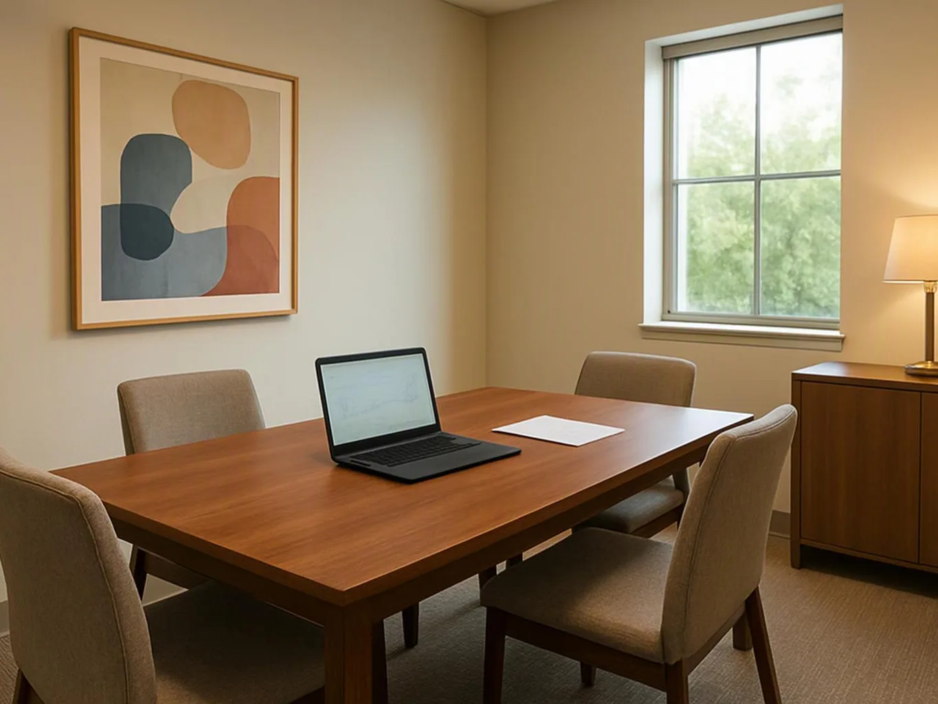A tidy meeting room has a wooden table, four chairs, a laptop, a sheet of paper, a window, and a lamp