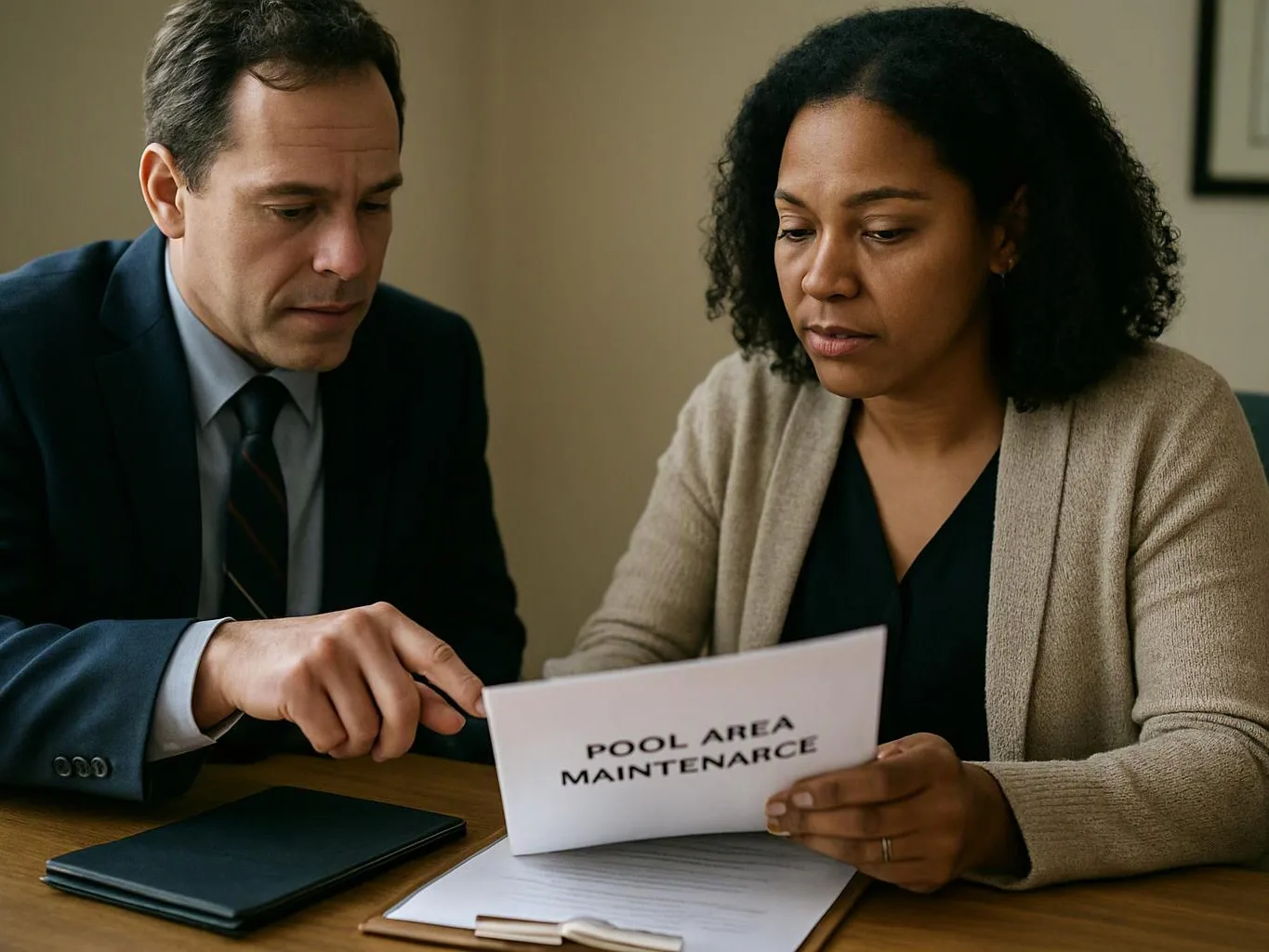 Two adults review a card labeled “POOL AREA MAINTENANCE” at a table with papers and a notebook