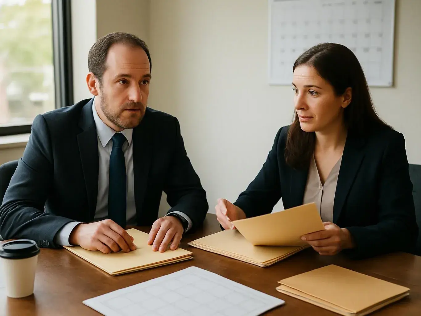 Two businesspeople review folders at a conference table in a bright office