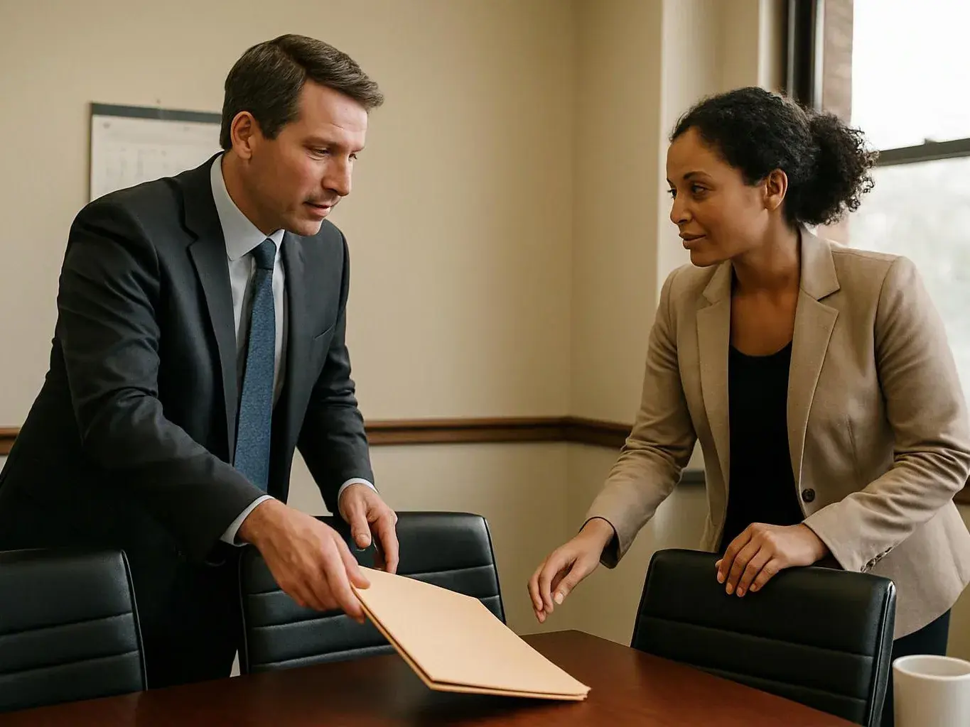 Two colleagues in business clothes review a folder across a conference table in a plain office room