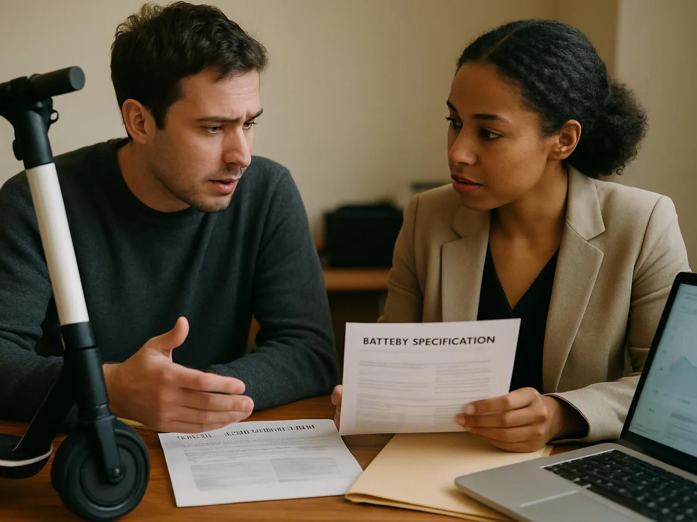Two coworkers review battery specification papers beside a scooter and laptop at a table