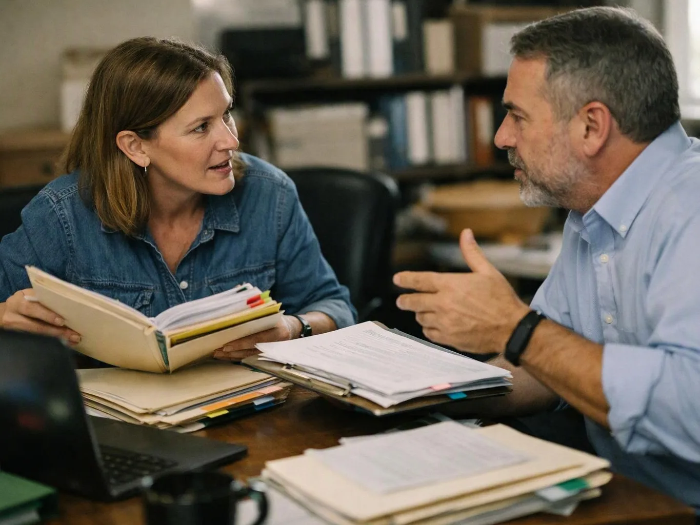 Two coworkers talk across a desk while reviewing open folders and papers in an office