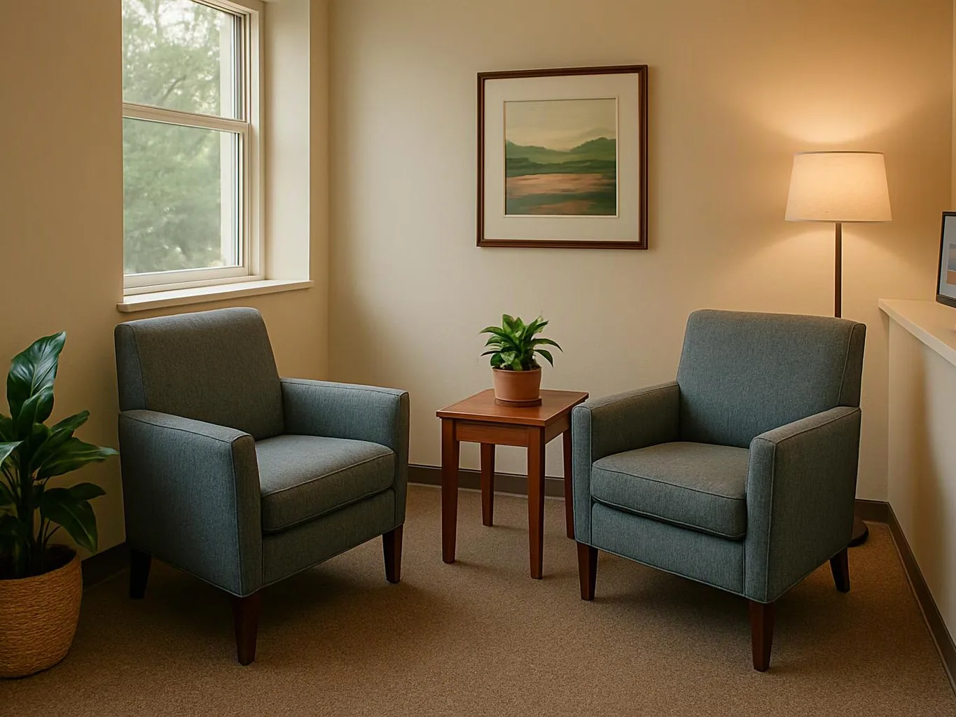 Two gray armchairs face a small table with a plant in a softly lit waiting room
