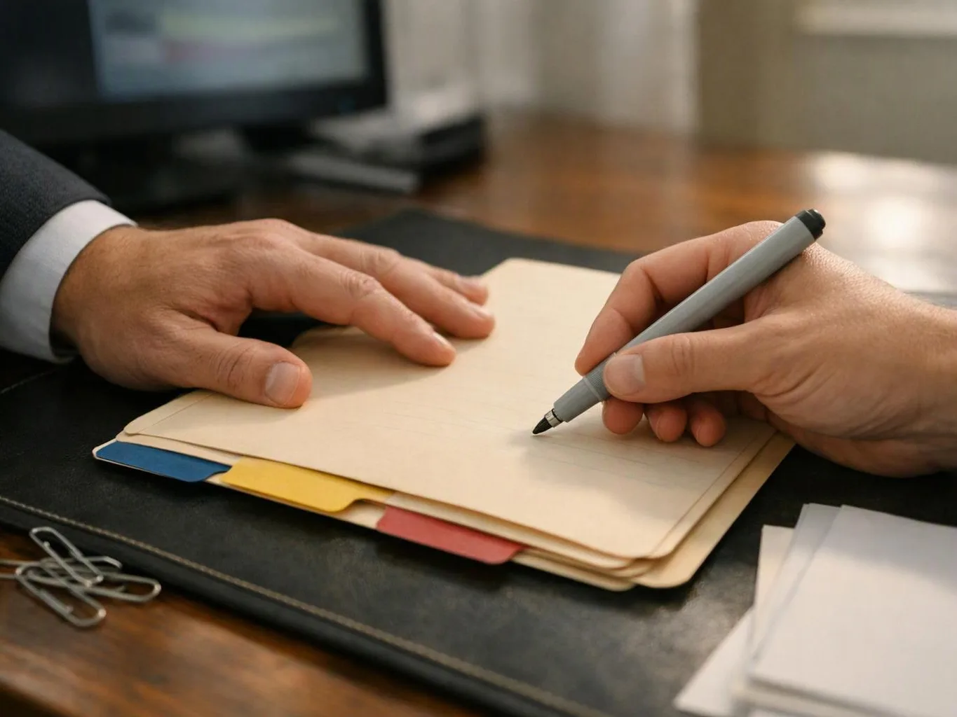 Two hands work over a folder on a desk, one holding a pen above blank paper