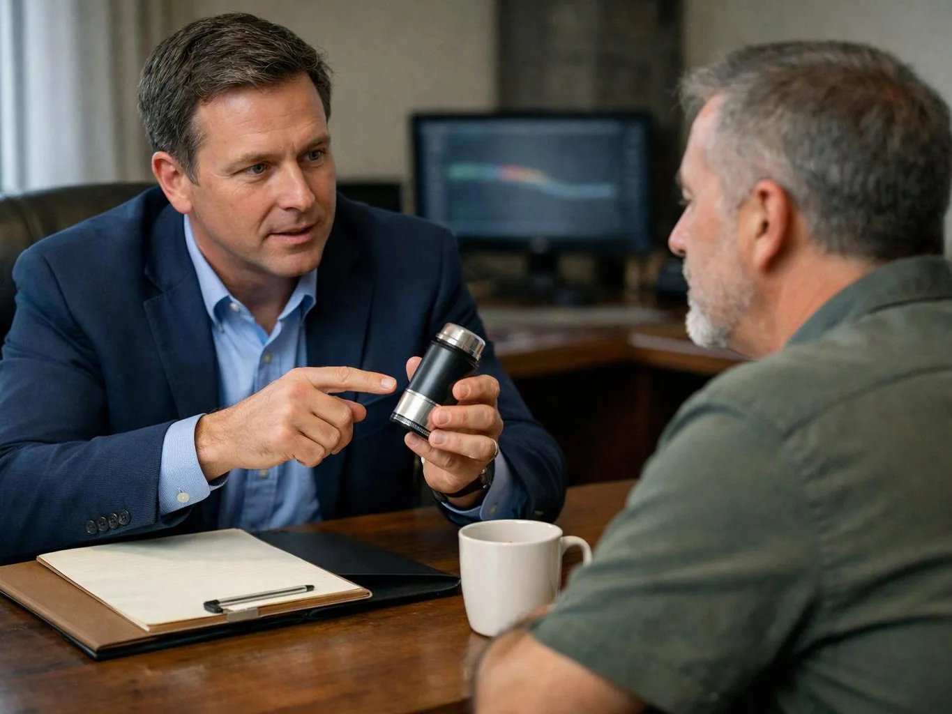 Two men sit at a desk, one showing a small black device while the other listens in an office setting