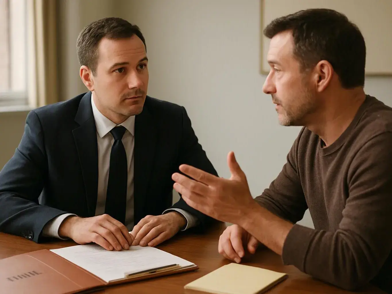 Two men sit at a table in a quiet office, one in a suit listening while the other gestures during a discussion