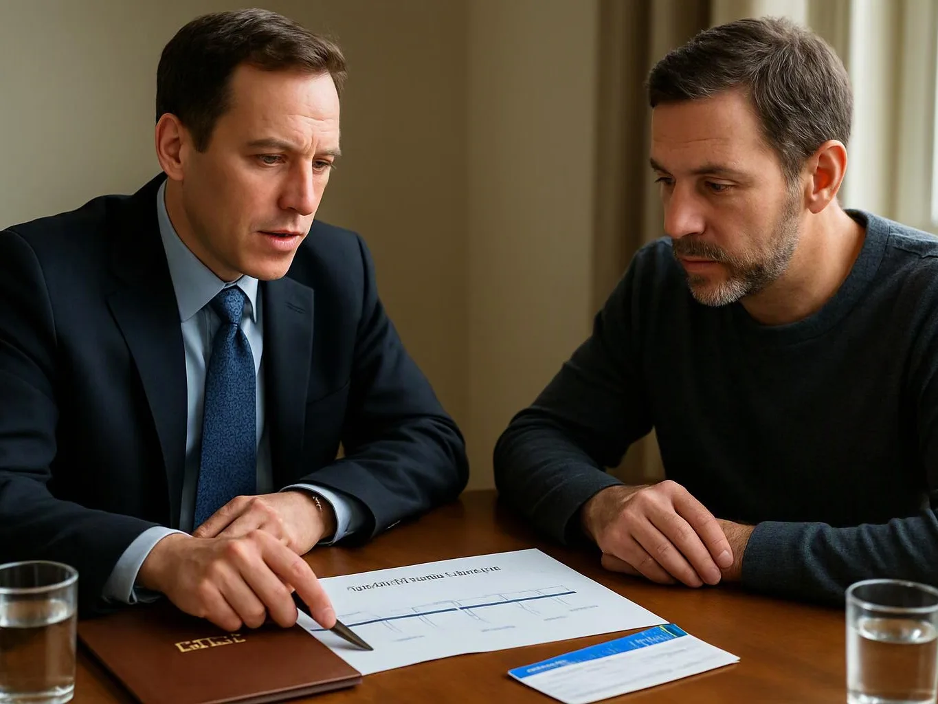 Two men study a paper and card on a table, with glasses of water beside them in a quiet room