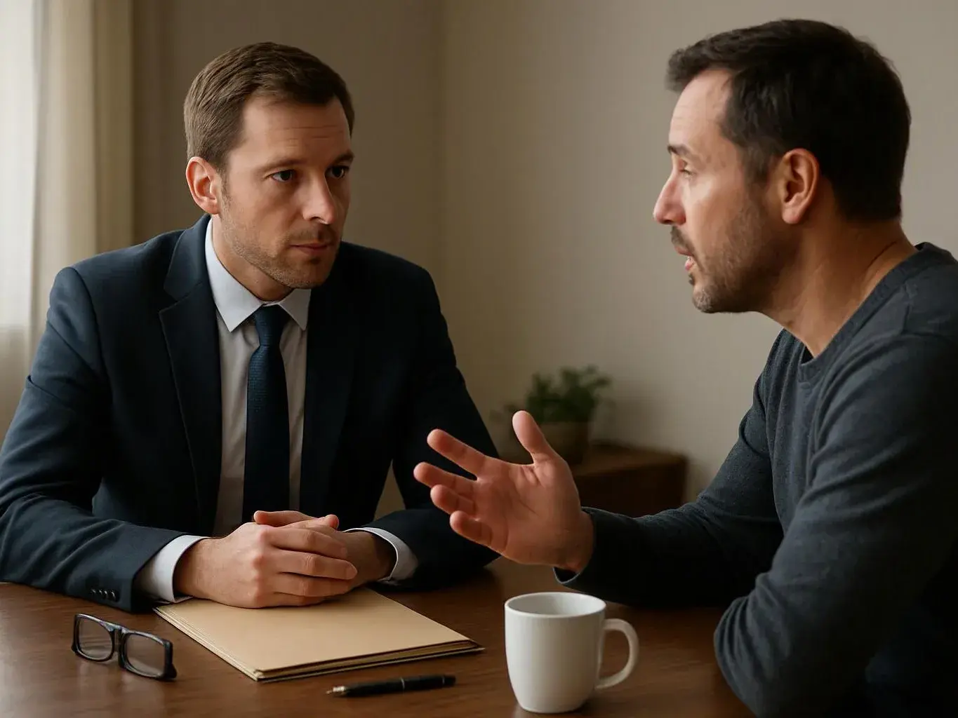 Two men talk across a table, one in a suit listening while the other gestures beside a coffee mug and folder