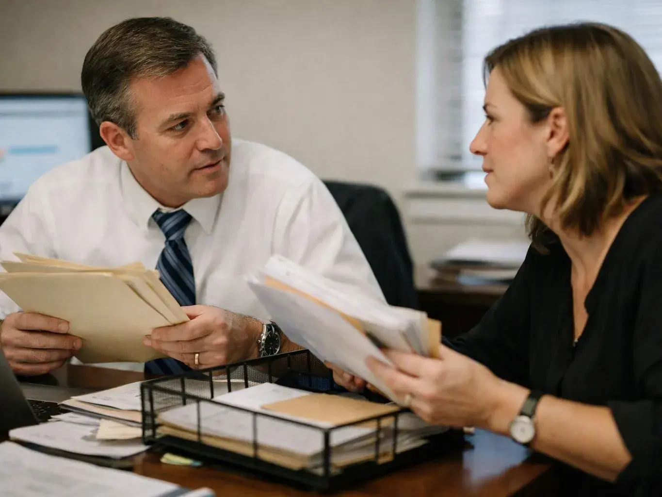 Two office workers review paper files across a desk with stacks of documents and a laptop visible