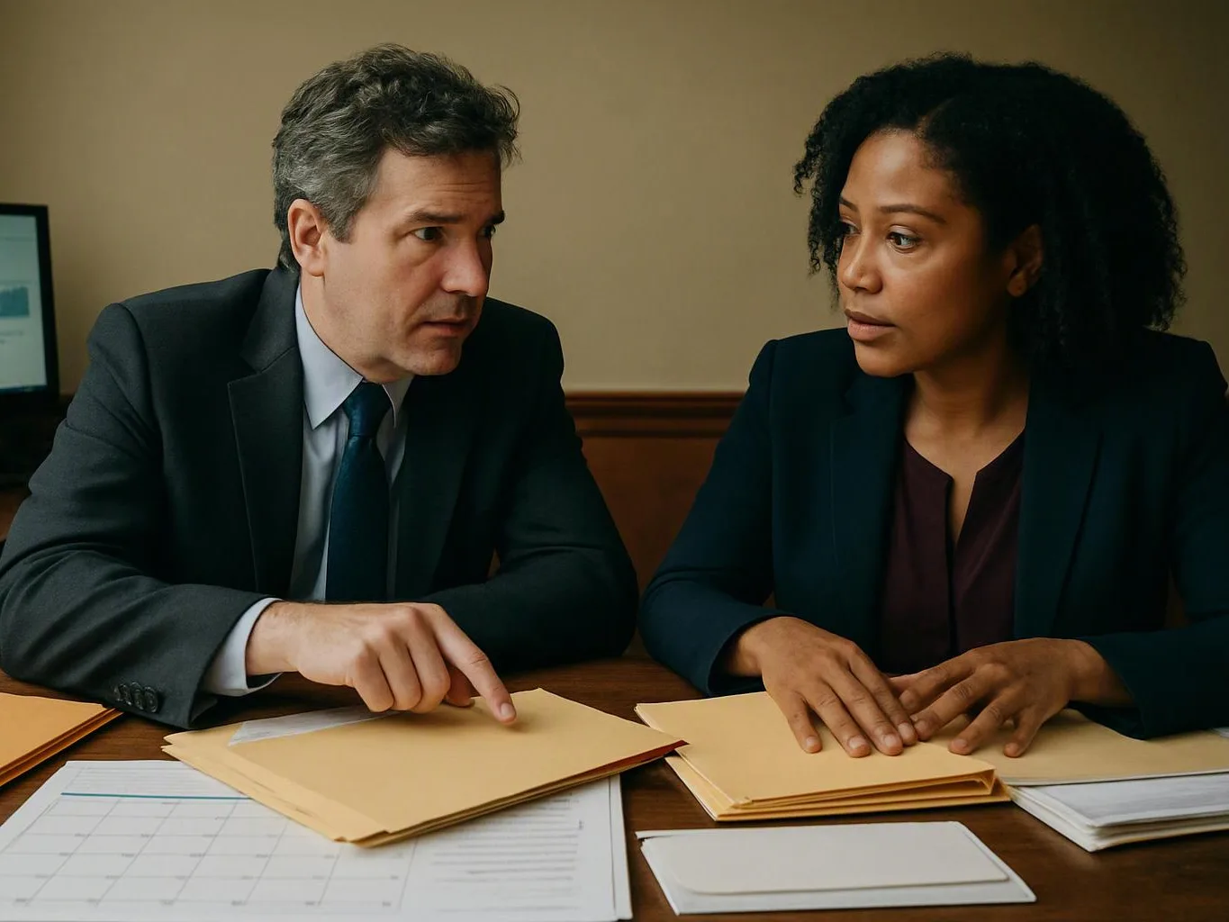 Two office workers in suits review paper folders at a conference table indoors