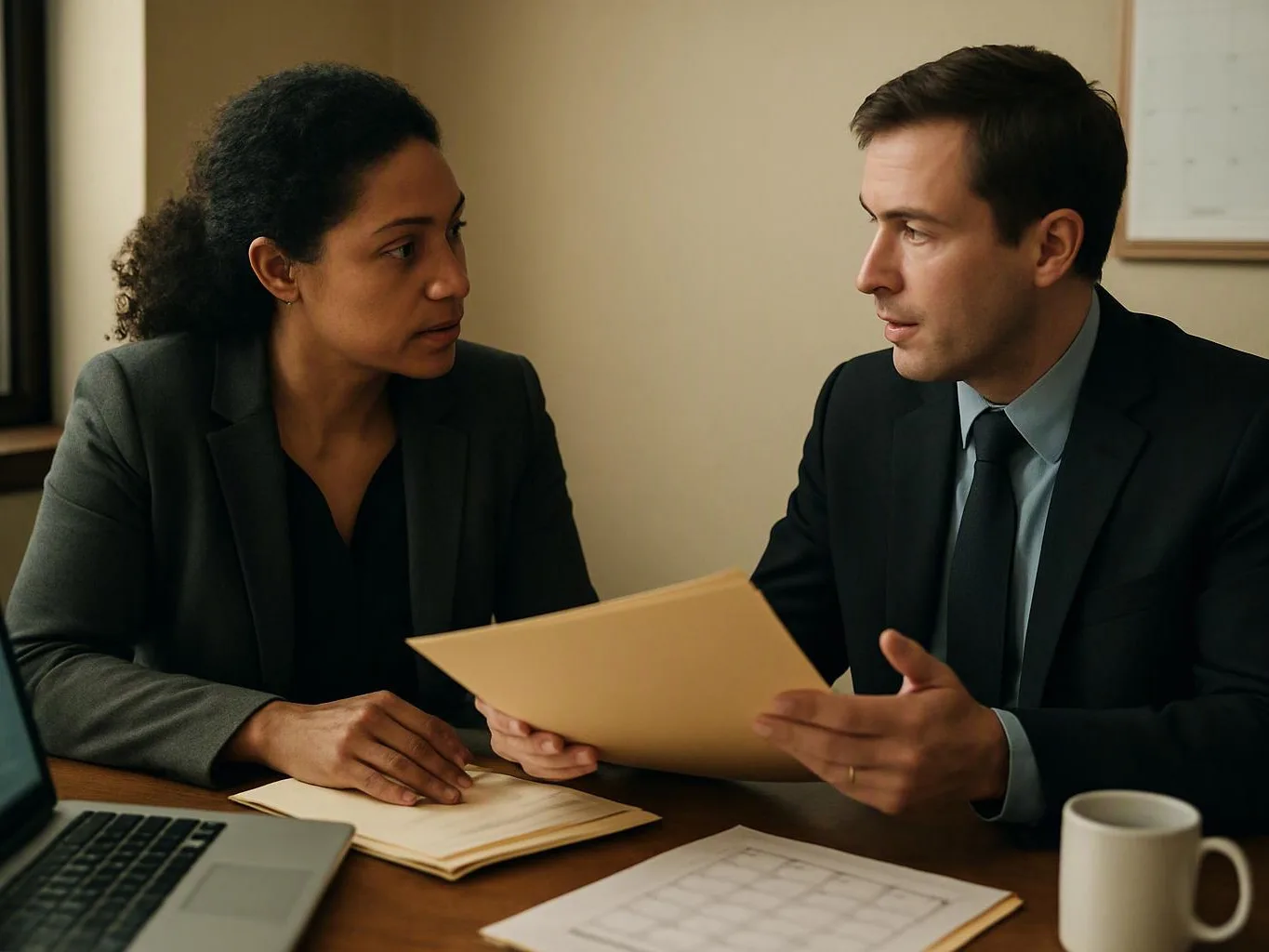 Two office workers in suits review papers across a desk, with a laptop and coffee mug nearby