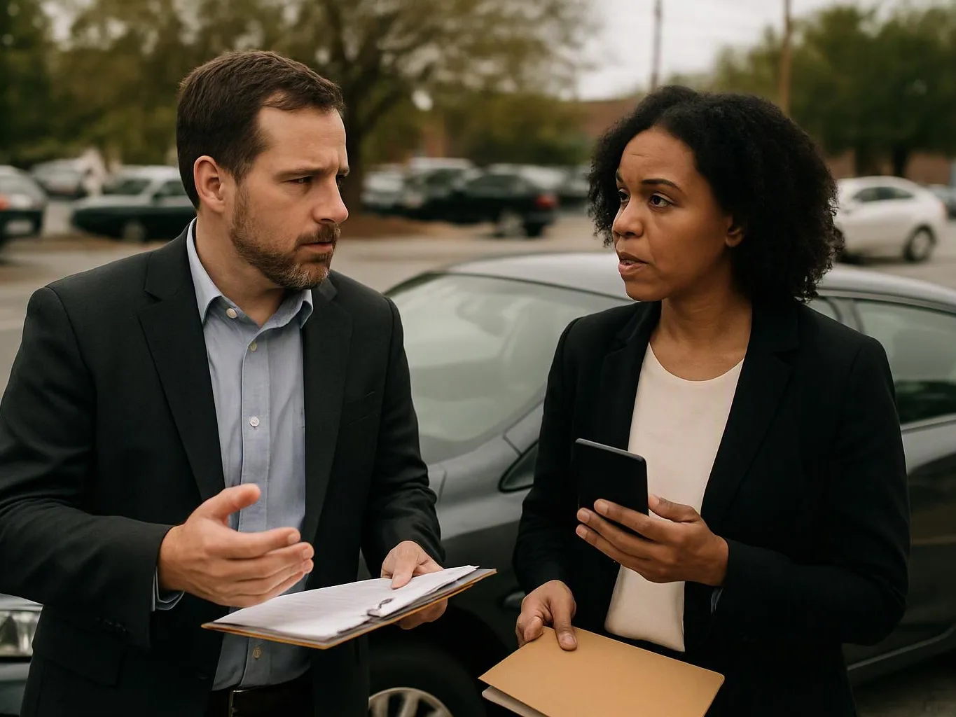 Two people in business clothes talk beside a parked car, one holding a clipboard and the other a phone and envelope