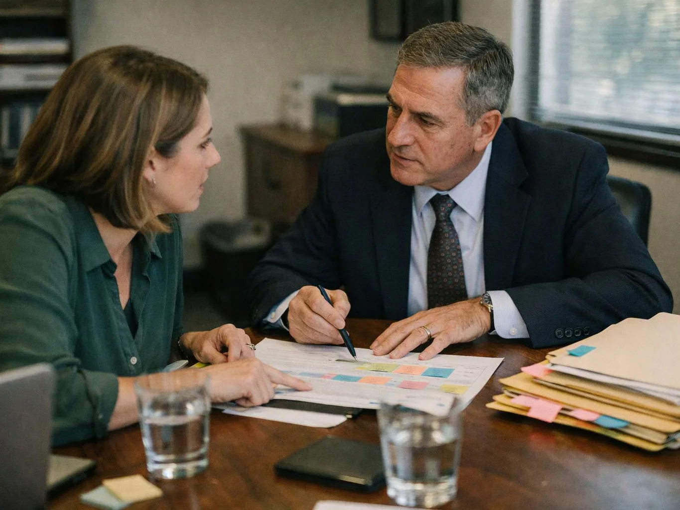 Two people discuss a color-coded paper plan at a wooden office table
