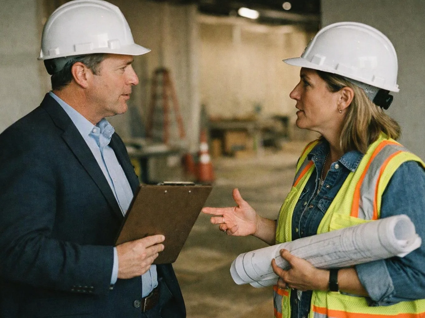 Two people in hard hats talk in an unfinished building, one holding a clipboard and the other rolled blueprints