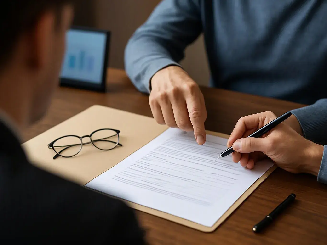 Two people review a document at a wooden desk, with one pointing and another holding a pen while glasses rest nearby
