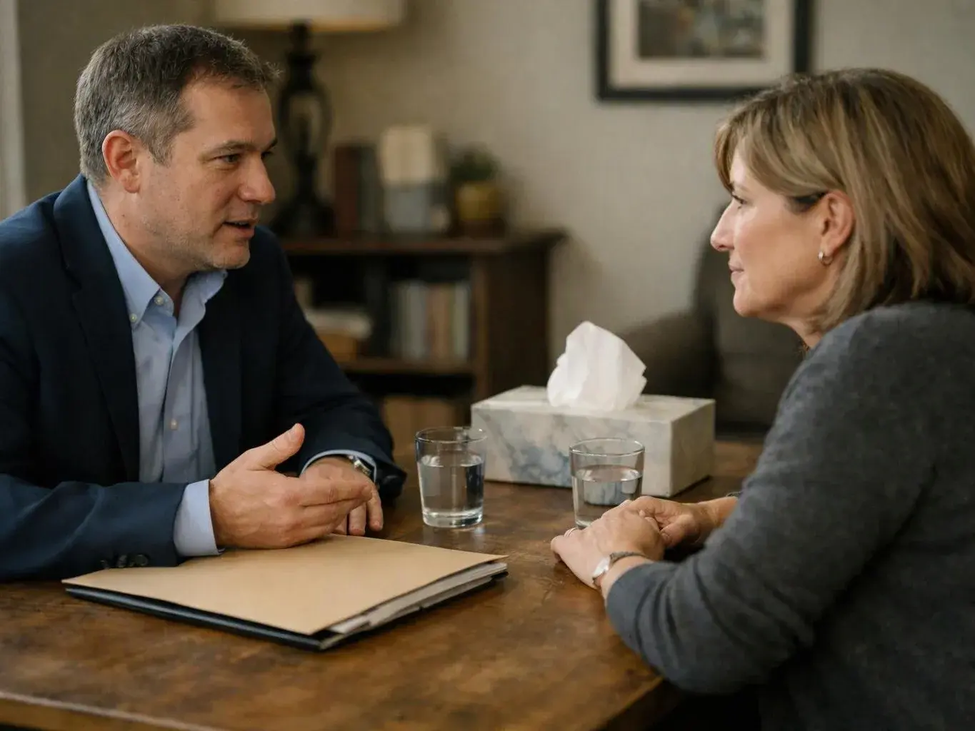 Two people sit across a table, talking beside glasses of water, a tissue box, and a closed folder in a room