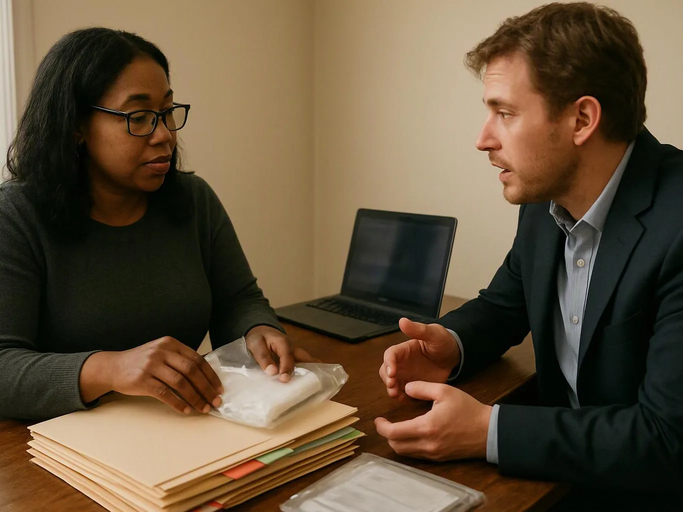 Two people sit at a desk, handling a plastic bag and file folders with a laptop behind them
