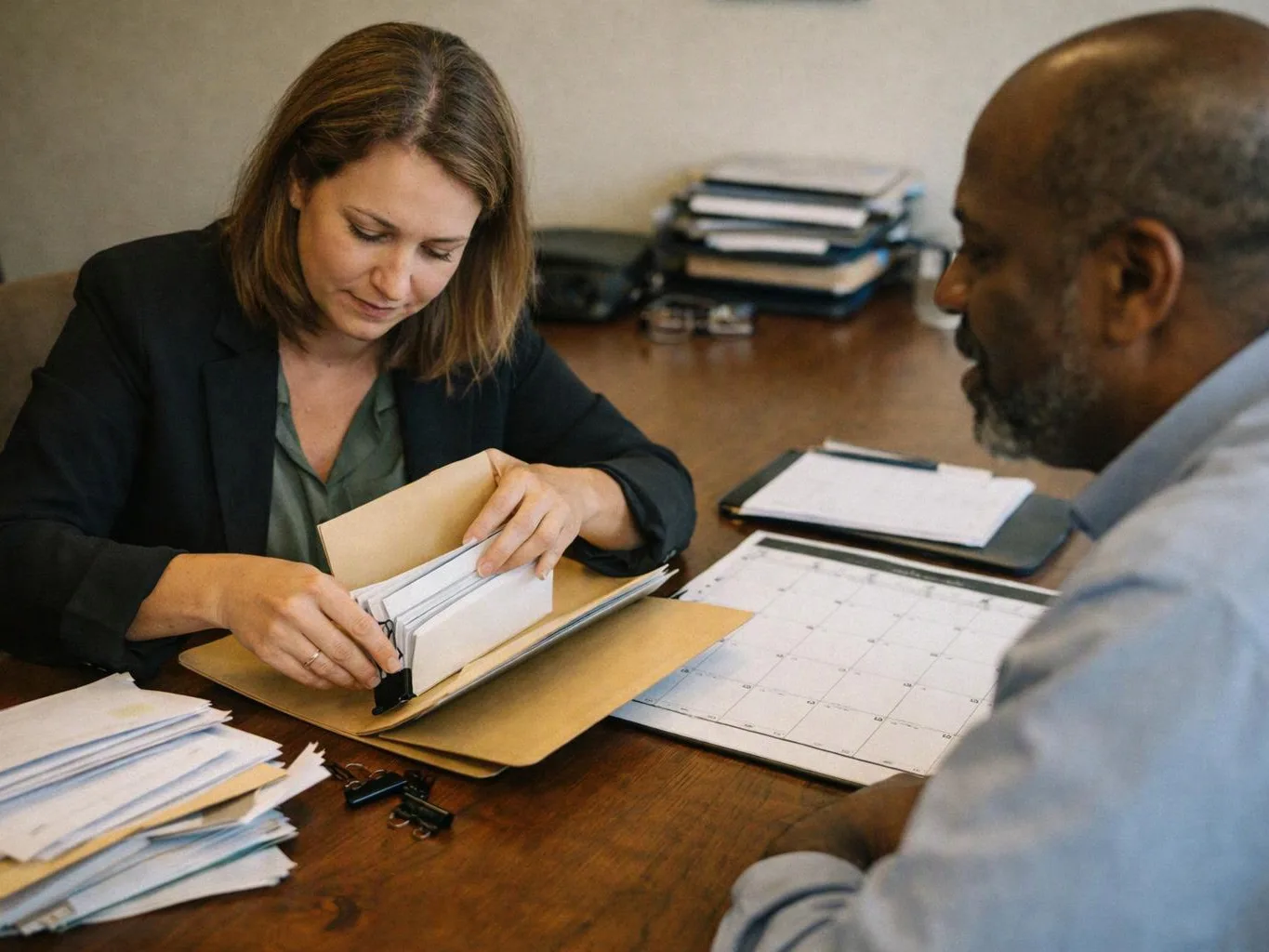 Two people sit at a desk, sorting papers and a file folder during a meeting