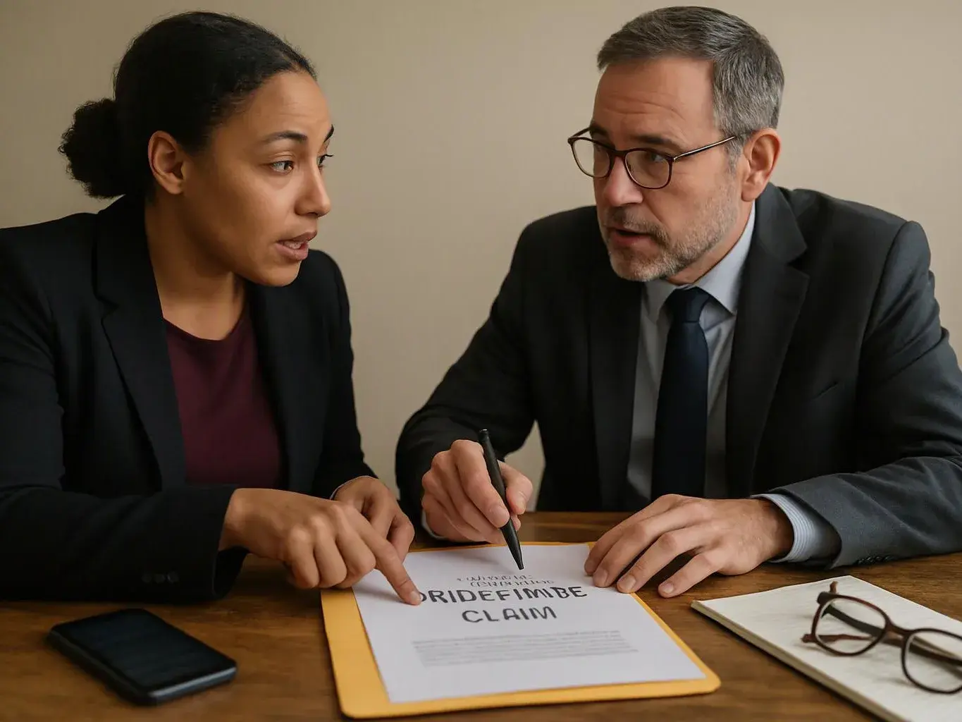 Two people in suits discuss a document at a table, with one pointing at the paper and the other holding a pen