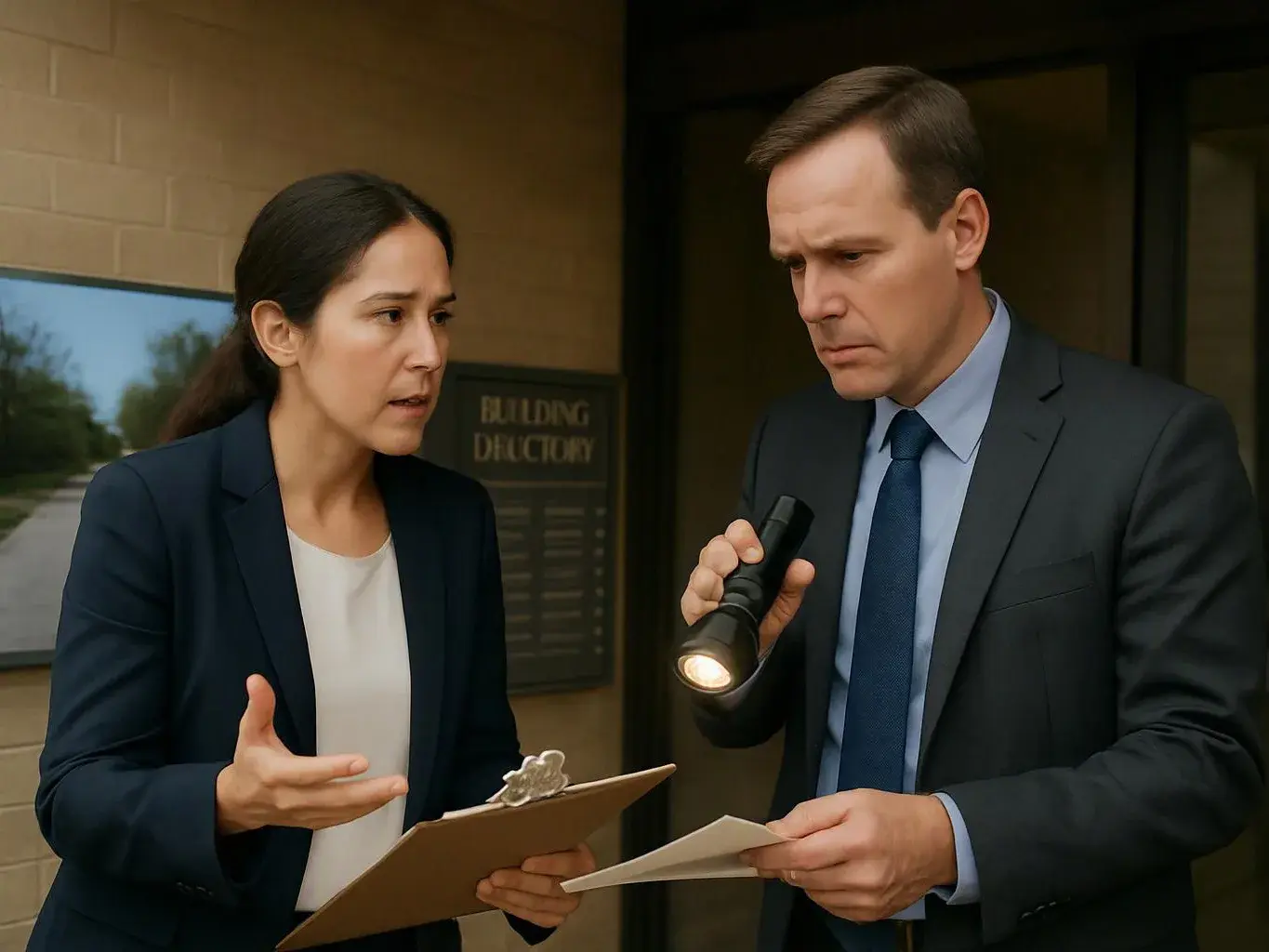 Two suited people examine papers outside a building, one holding a flashlight and clipboard while they talk