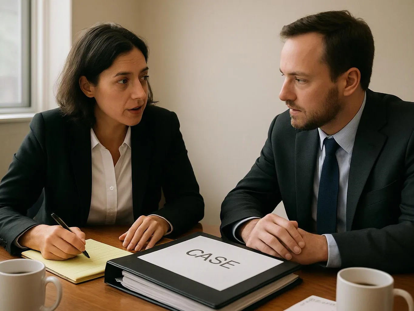 Two suited people sit at a table, talking over a case folder and notes in a plain office