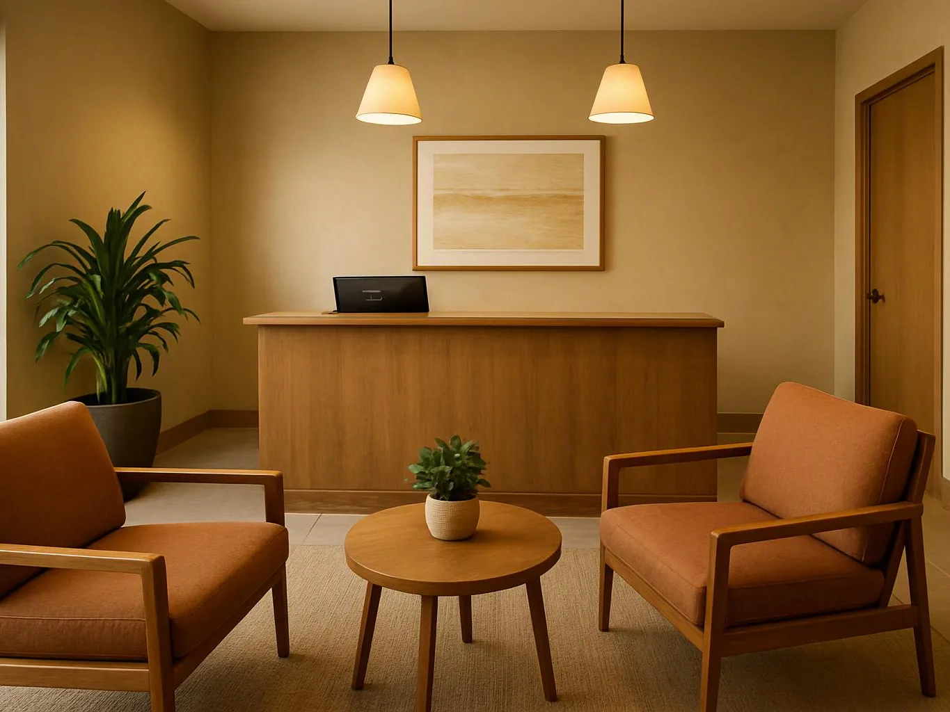 A warm waiting room has two orange chairs, a small round table, a reception desk, and potted plants