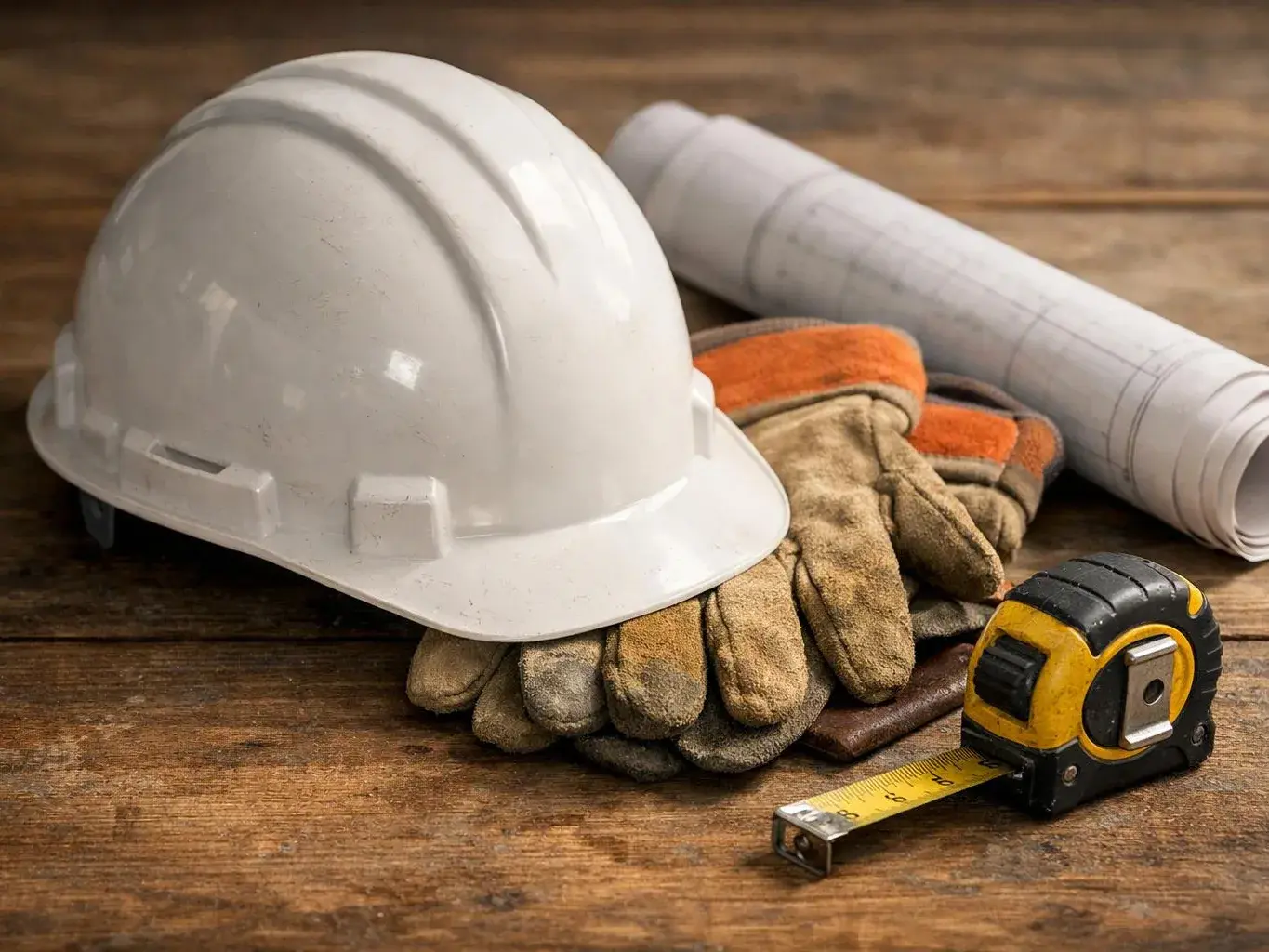 A white hard hat rests on work gloves beside rolled blueprints and a tape measure on a wooden surface