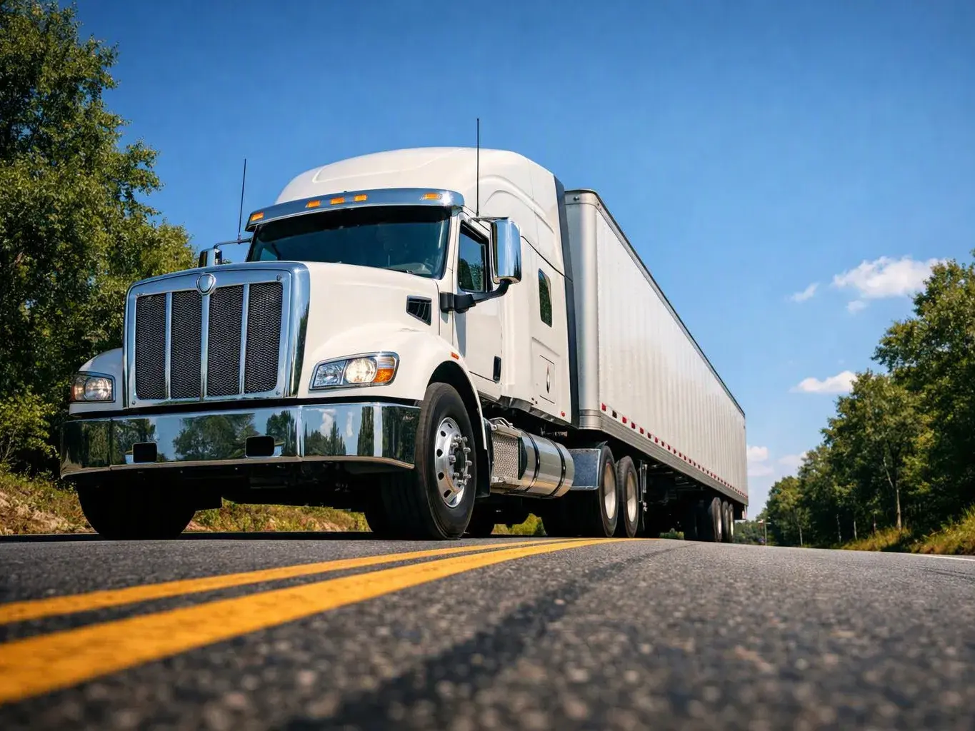 A white semi truck with a long trailer drives along a rural road under a clear blue sky