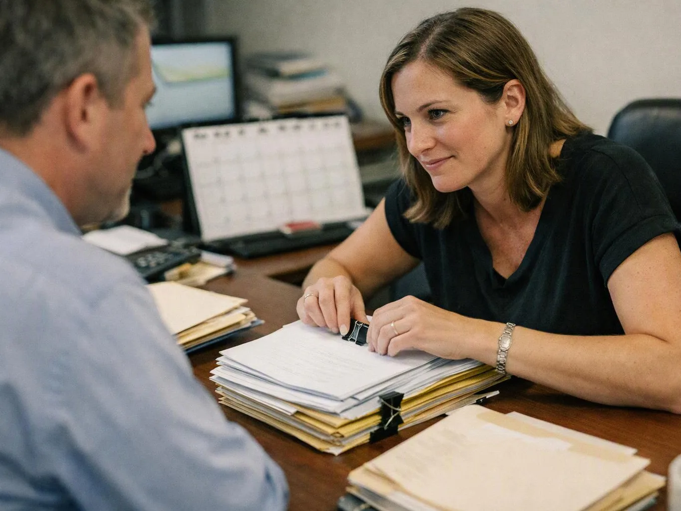 A woman in a black shirt smiles across a desk at a man while sorting stacked paperwork in an office