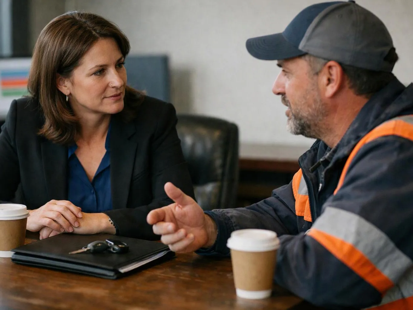 A woman in a blazer listens to a man in a work jacket talking across a table with coffee cups and a notebook