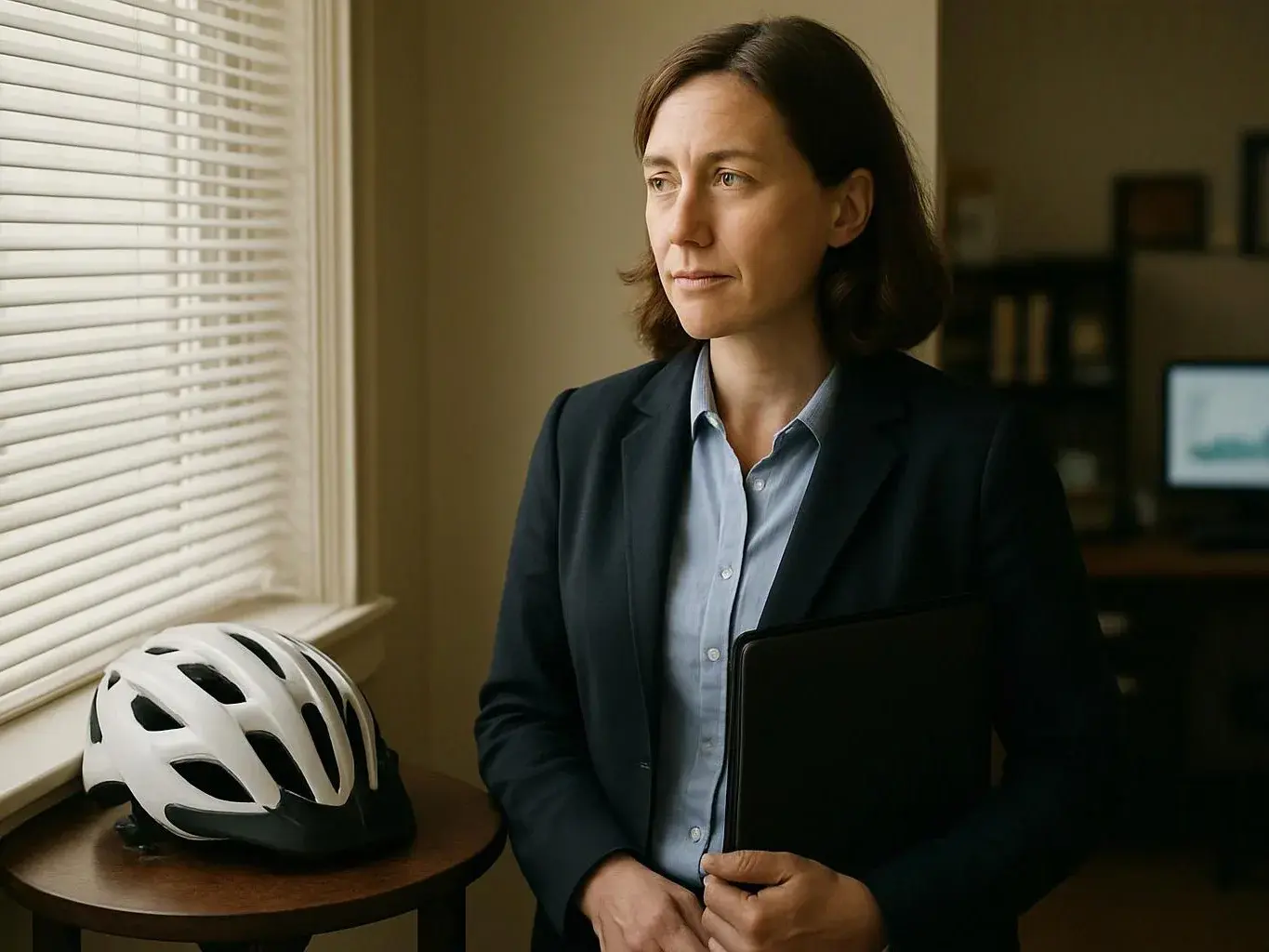 A woman in a blazer stands by a window holding a black folder, with a bicycle helmet on a side table