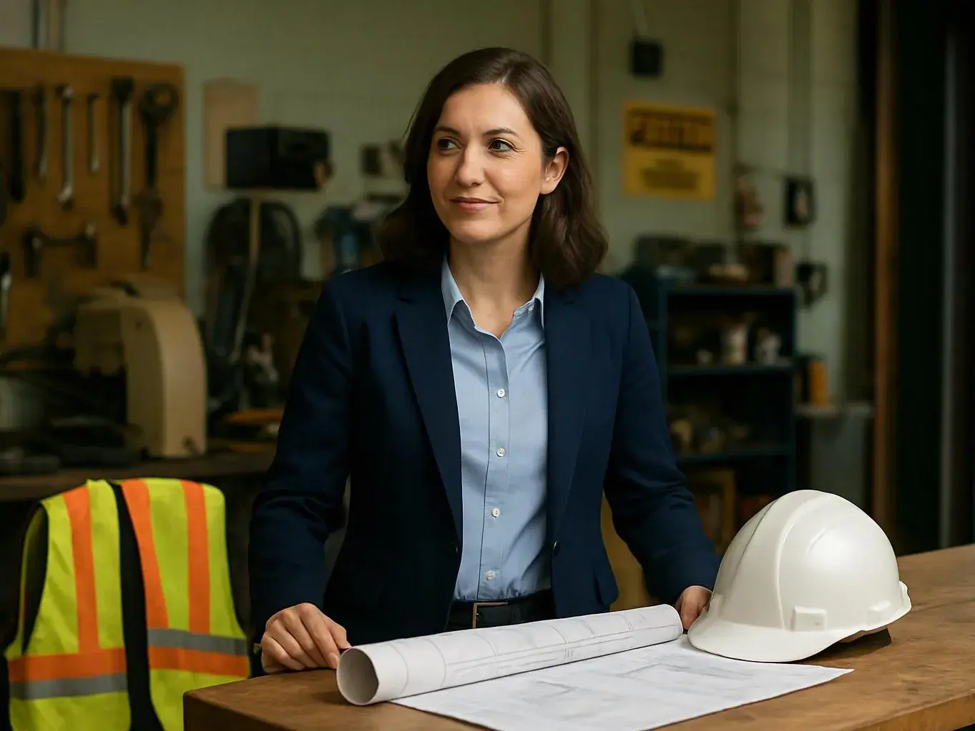 A woman in a blazer stands at a workbench with blueprints, a hard hat, and a safety vest in a workshop