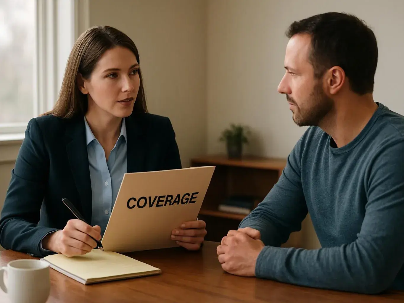 A woman in a blazer takes notes while showing a folder labeled “COVERAGE” to a seated man at a table