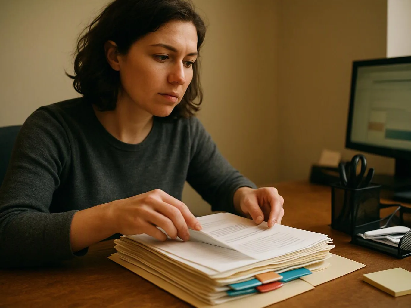 A woman at a desk flips through a thick stack of papers beside a computer monitor