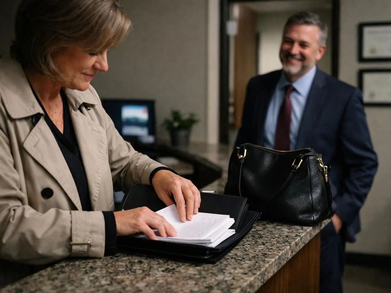 A woman flips through papers at a counter while a smiling man in a suit stands nearby in an office lobby