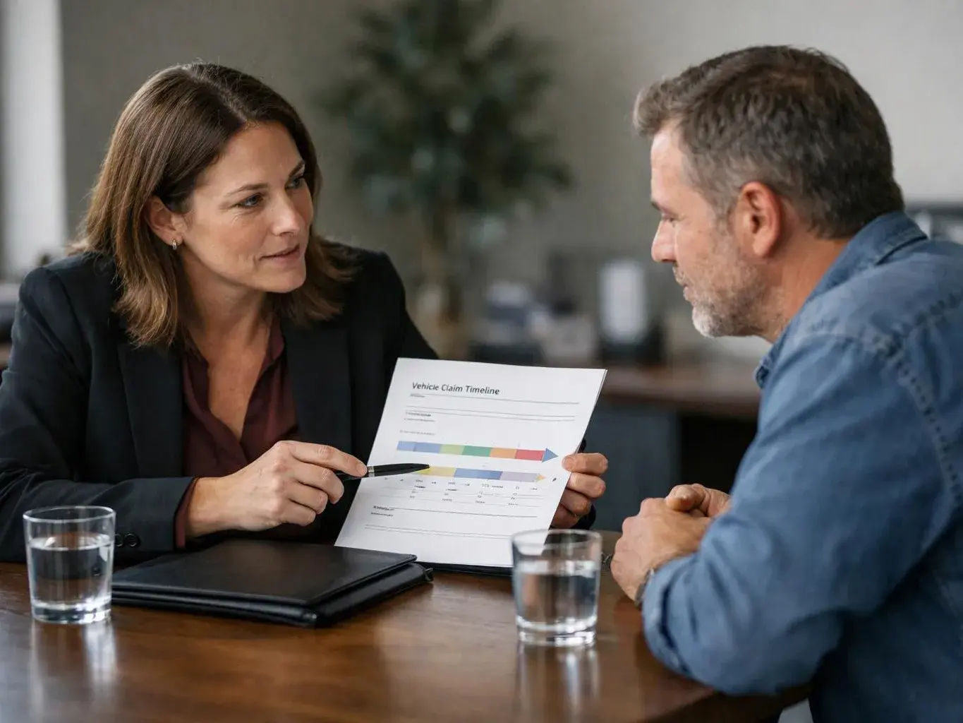 A woman points at a claim timeline chart while speaking to a man across a table in an office