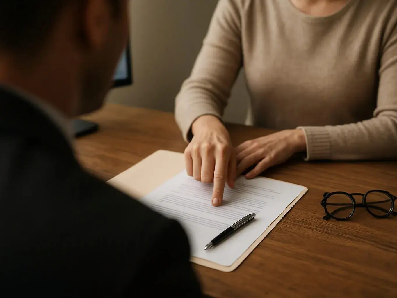 A woman points at a paper on a wooden table across from a blurred man, with a pen and glasses nearby