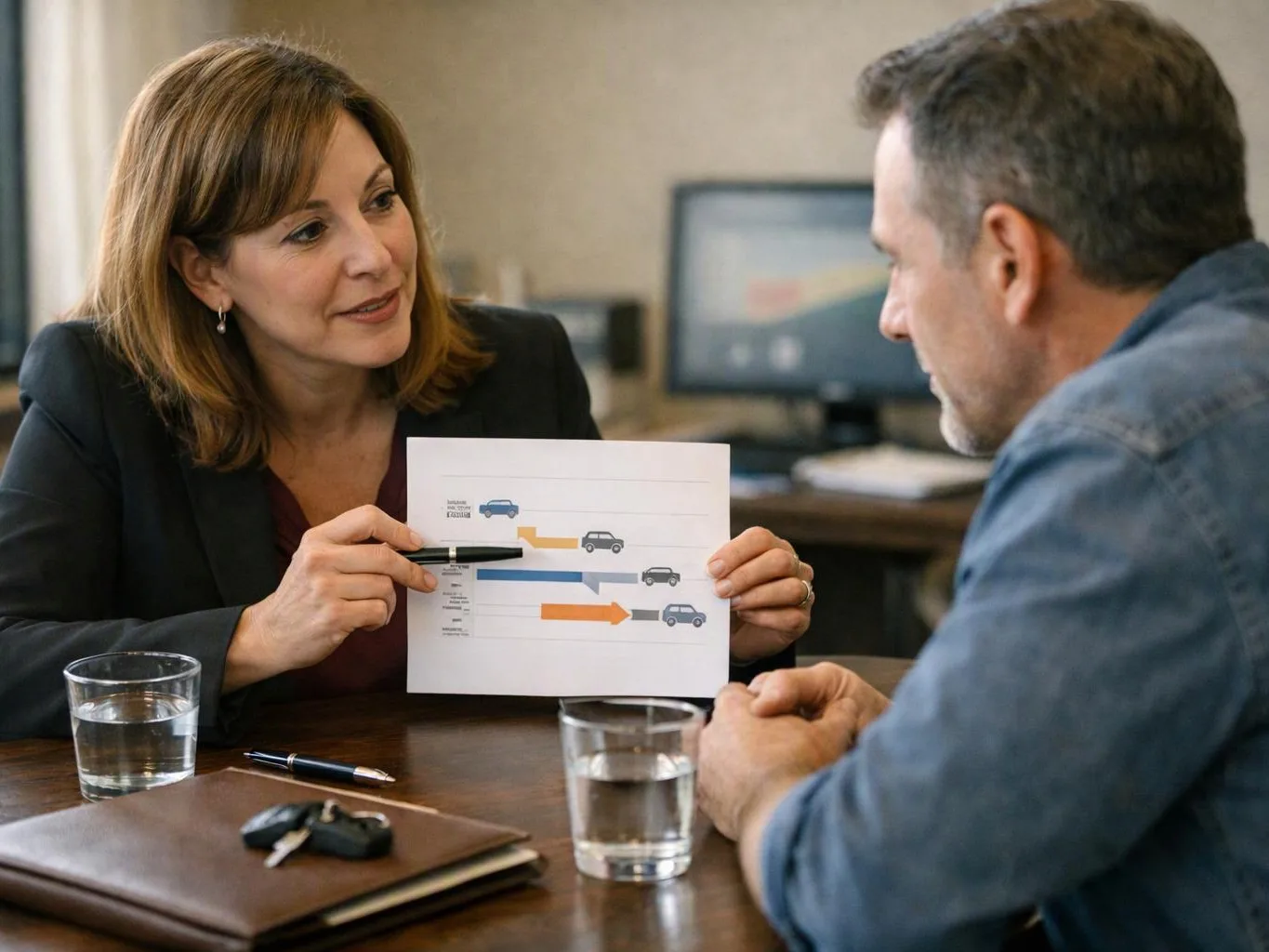 A woman shows a printed chart to a man across a desk in an office setting
