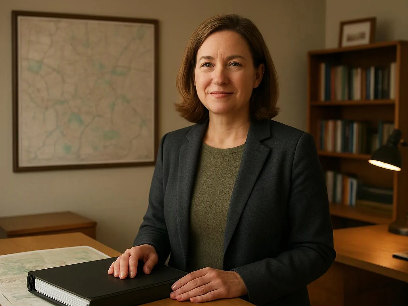 A woman stands at a desk with a black binder, in a tidy office with bookshelves and a framed map