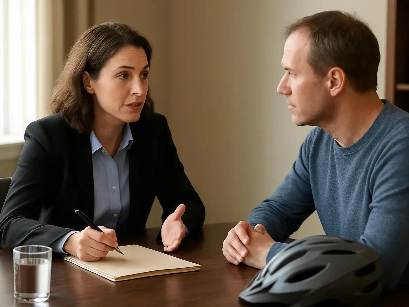 A woman takes notes while speaking to a man across a table with a bike helmet and glass of water nearby